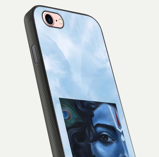 Spiritual Krishna Glass Case for iPhone 6 Plus close-up angled shot showing HD print, color tone, and reflection