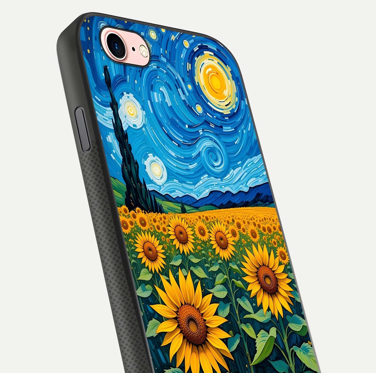 Starry Sunflower Dreams Glass Case for iPhone 6 Plus close-up angled shot highlighting petal texture and gloss