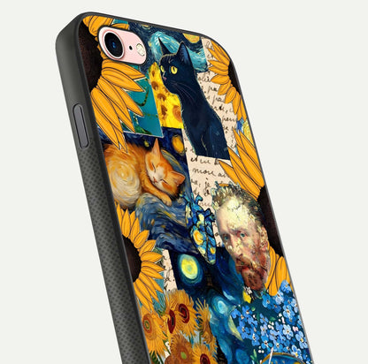 Sunflower Cat Art Glass Case for iPhone 6 Plus close-up angled shot highlighting yellow tones and art reflection