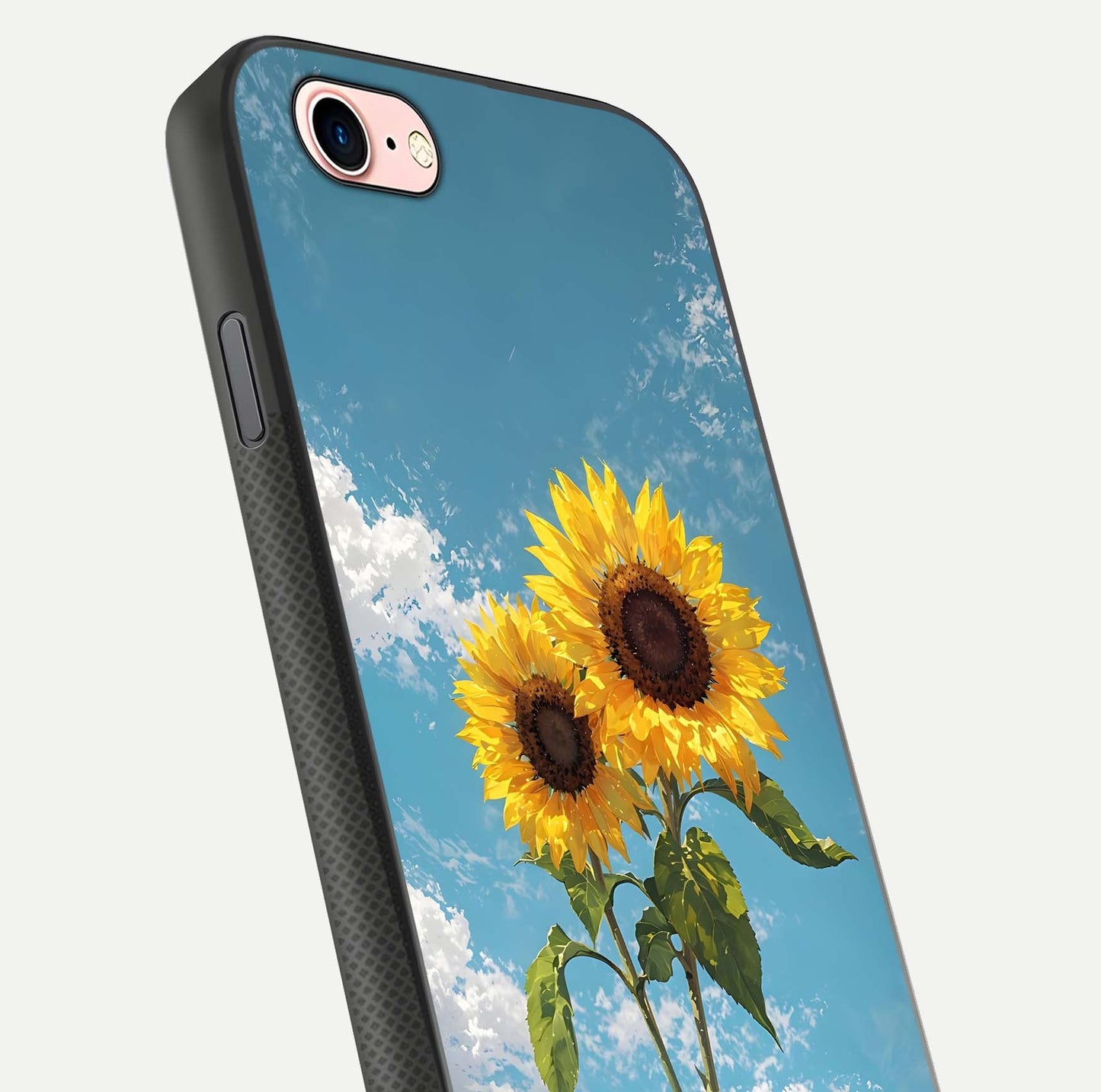 Sunflower Sky Bloom Glass Case for iPhone 6 Plus close-up angled shot highlighting petal details and reflection