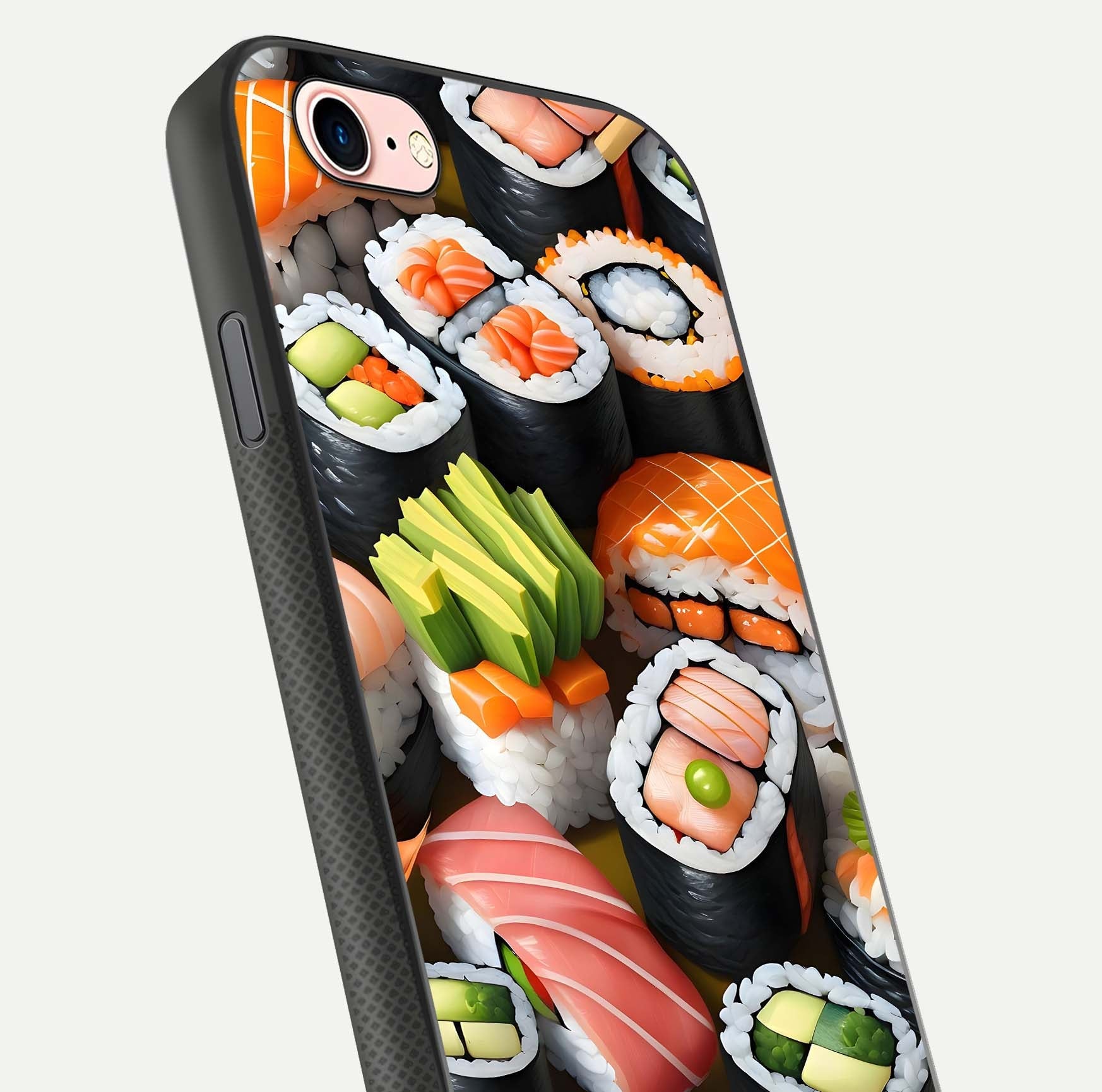 Sushi Food Pattern Glass Case for iPhone 6 Plus close-up angled shot highlighting colorful sushi prints and reflection