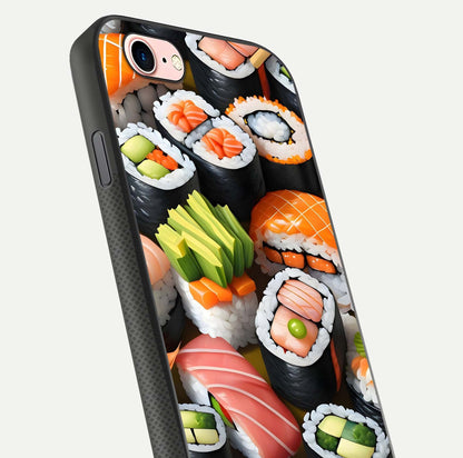 Sushi Food Pattern Glass Case for iPhone 6 Plus close-up angled shot highlighting colorful sushi prints and reflection