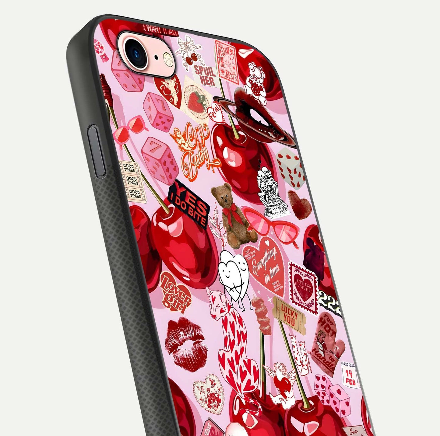 Sweet Cherry Chaos Glass Case for iPhone 6 Plus close-up angled shot highlighting red tone contrast and reflection