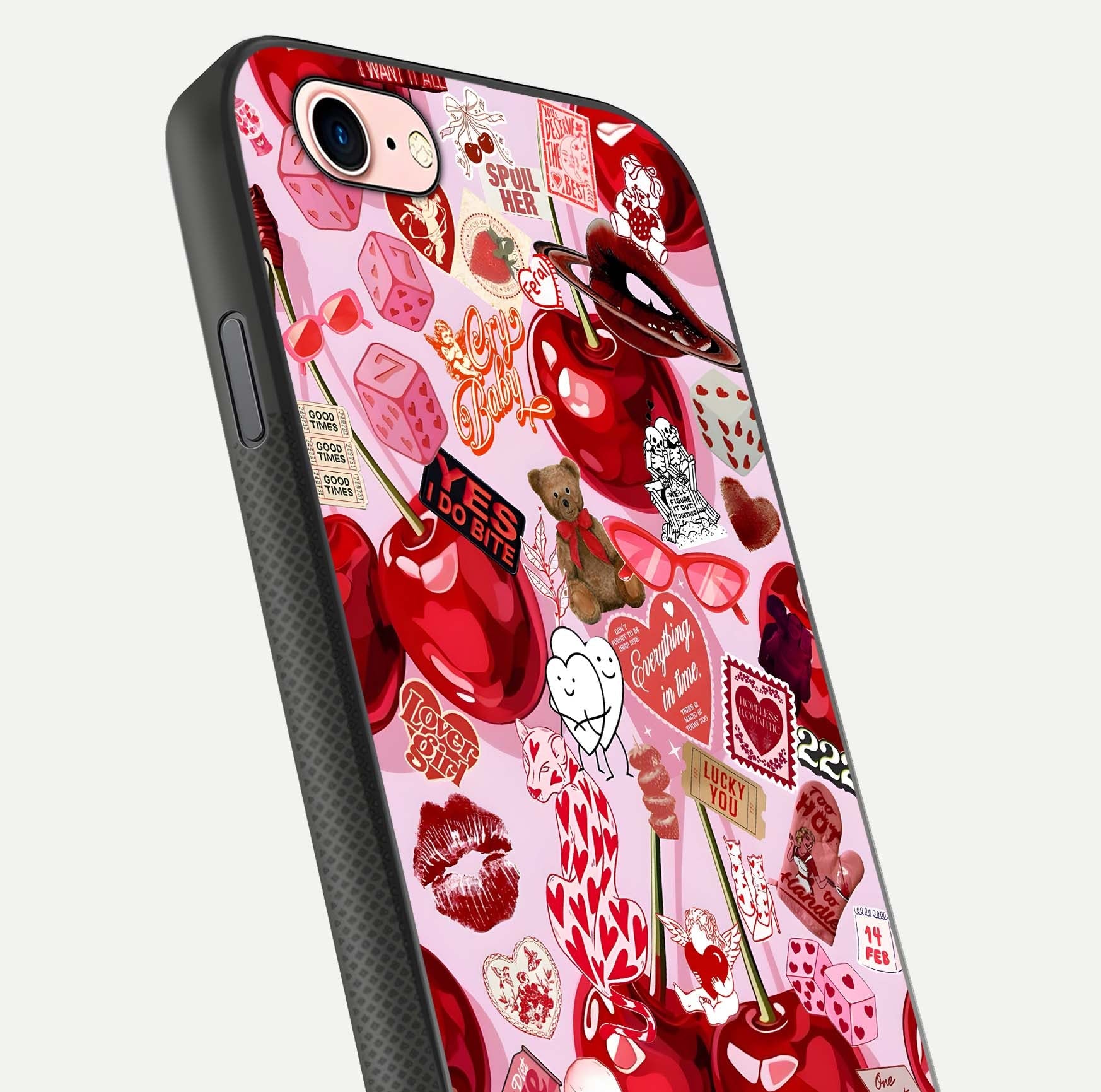 Sweet Cherry Chaos Glass Case for iPhone 6 Plus close-up angled shot highlighting red tone contrast and reflection