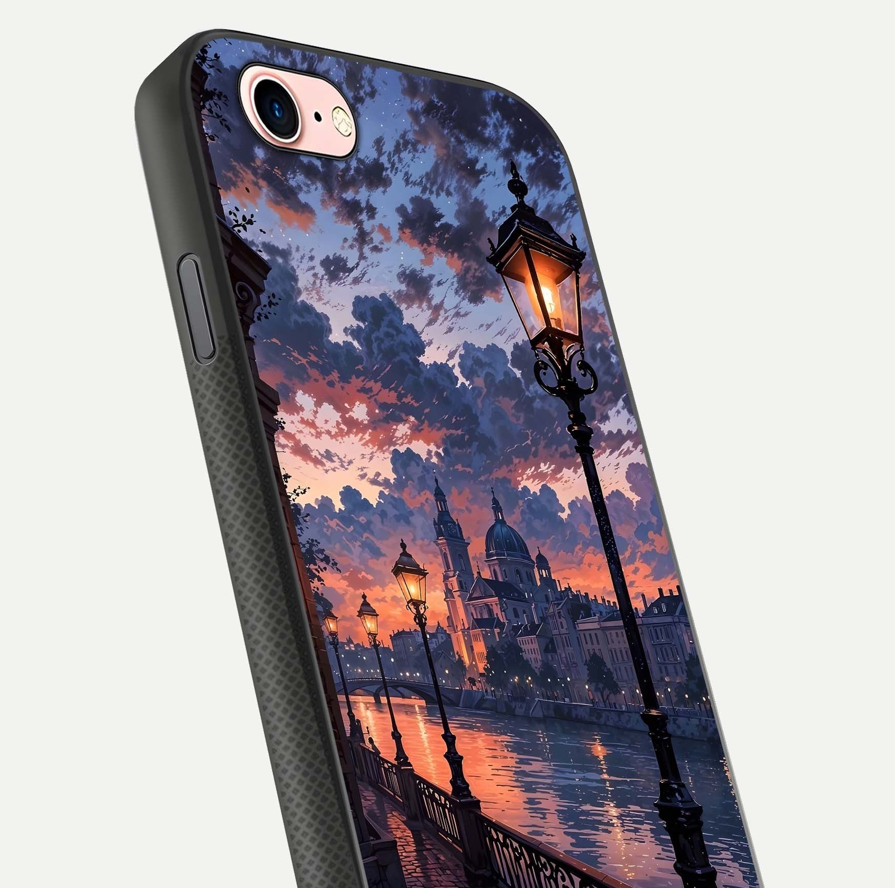 Twilight River Lights Glass Case for iPhone 6 Plus close-up angled shot highlighting river reflections and color tones