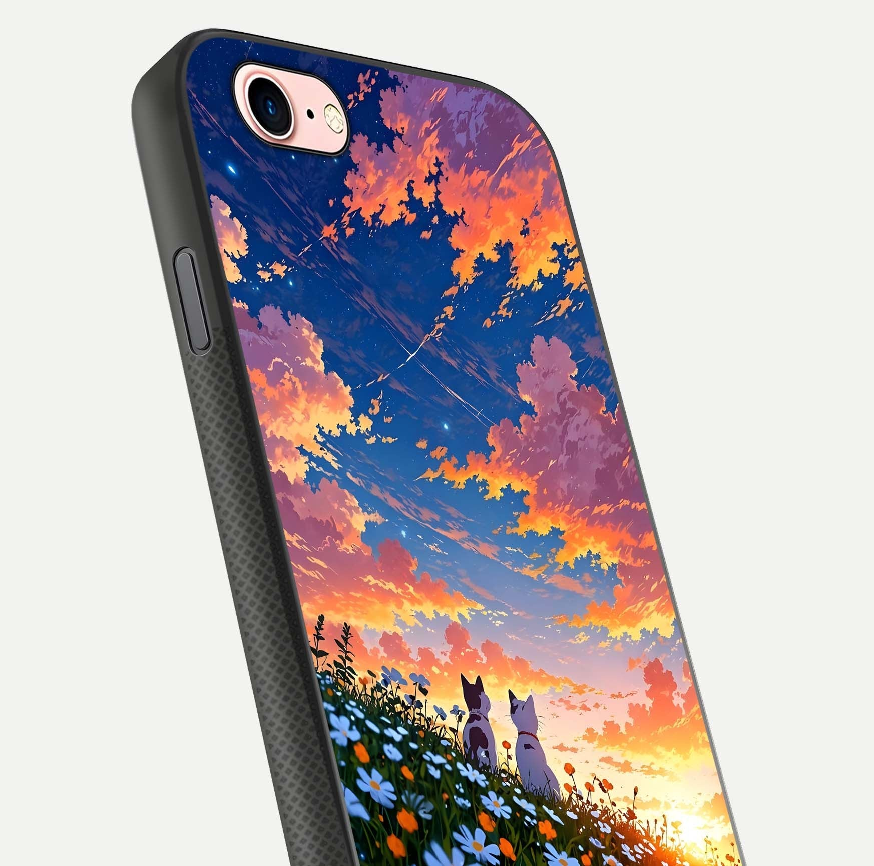 Two Cats Friends Glass Case for iPhone 6 Plus close-up angled shot highlighting cat illustrations and soft reflection