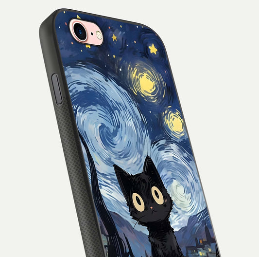 Van Gogh Cat Glass Case for iPhone 6 Plus close-up angled shot highlighting brushstroke texture and reflection