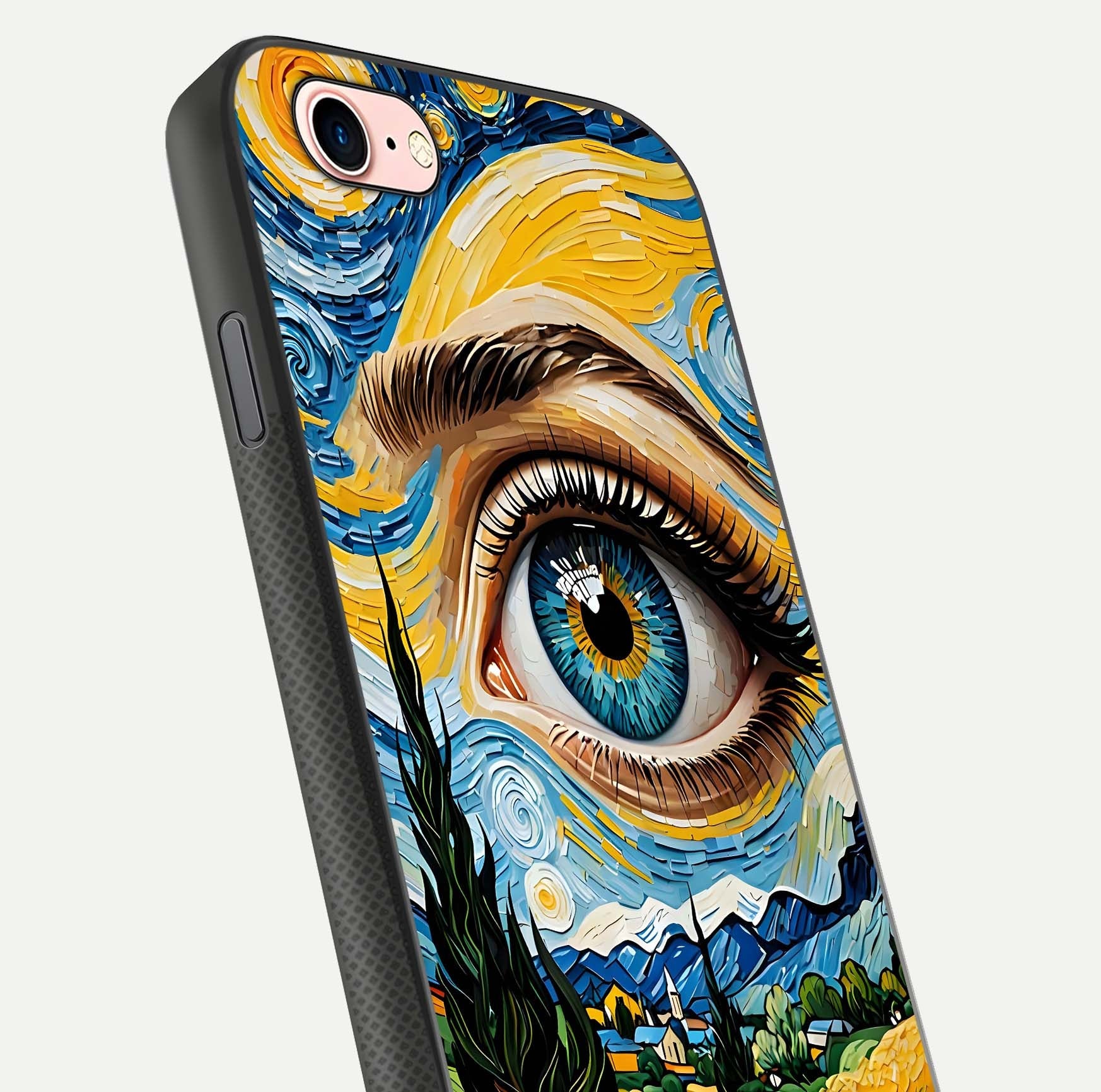 Van Gogh Eye Glass Case for iPhone 6 Plus close-up angled shot highlighting color blend and gloss reflection