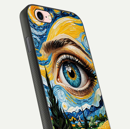 Van Gogh Eye Glass Case for iPhone 6 Plus close-up angled shot highlighting color blend and gloss reflection