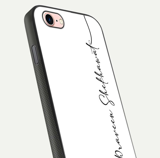 White Tune Custom Name Glass Case for iPhone 6 Plus close-up angled shot highlighting gloss reflection and texture
