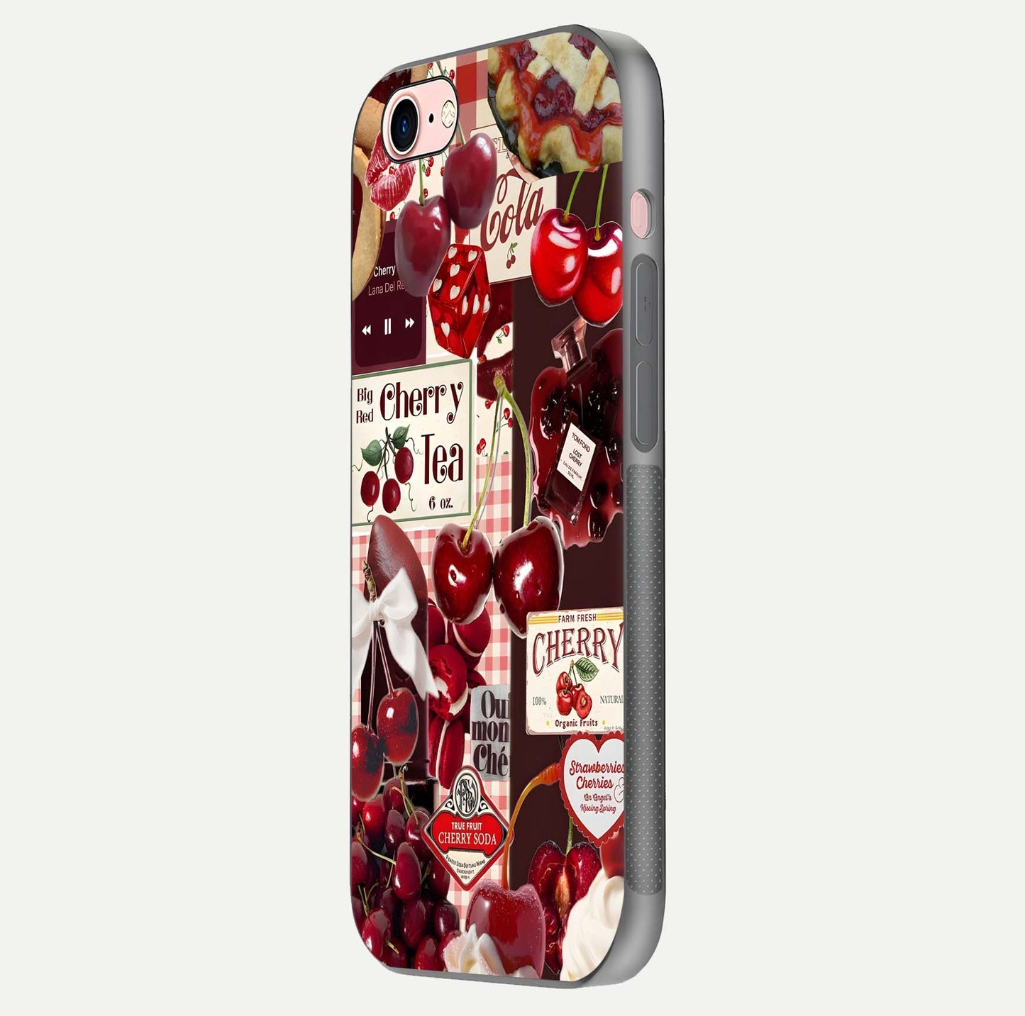 Aesthetic Cherry Tea Glass Case for iPhone 16 Pro side-angle image showing cherry collage print, camera module, and glossy finish reflection