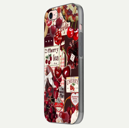 Aesthetic Cherry Tea Glass Case for iPhone 16 Pro side-angle image showing cherry collage print, camera module, and glossy finish reflection