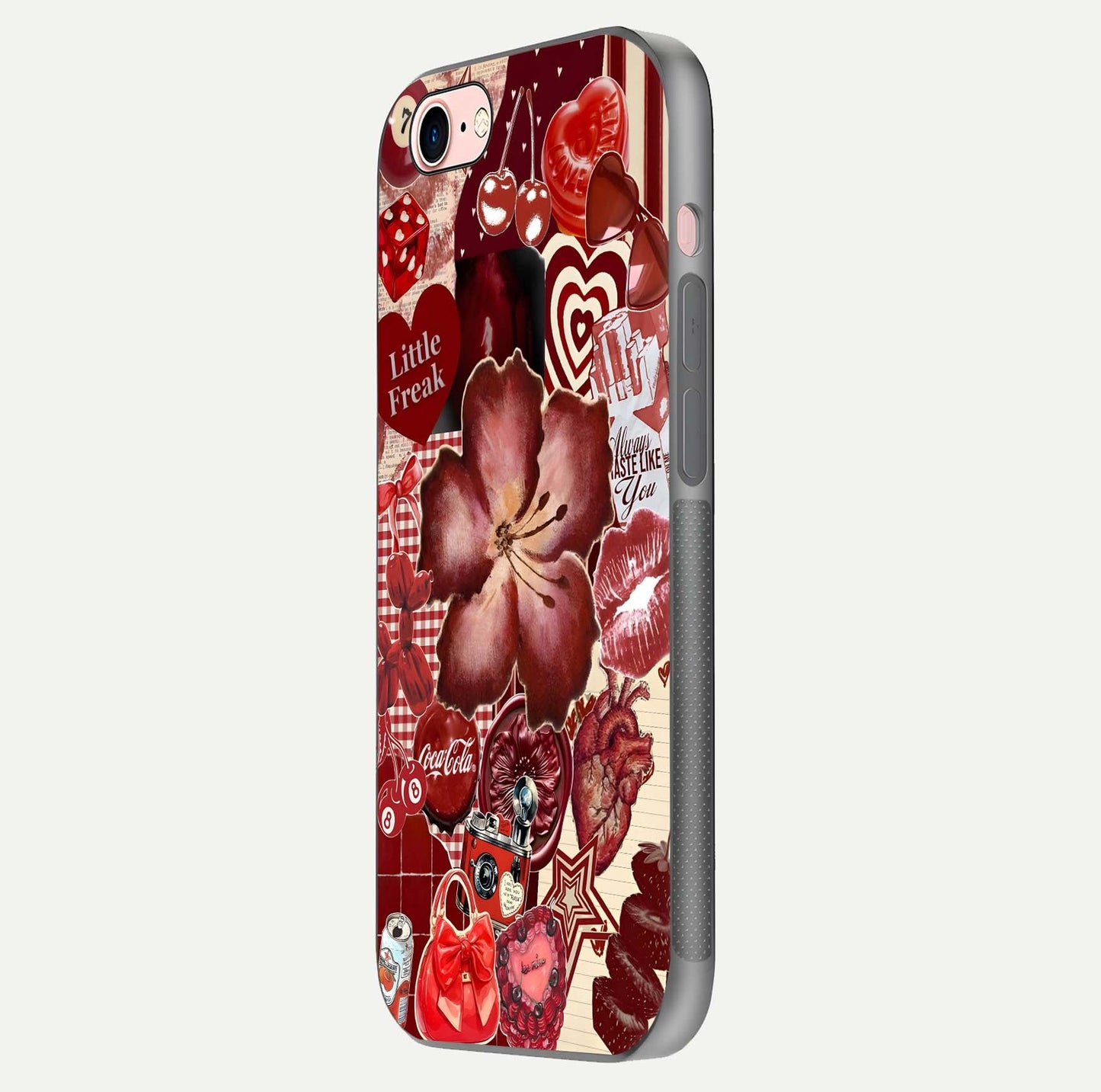 Aesthetic Little Freak Glass Case for iPhone 16 Pro side-angle image showing colorful design, camera module, and glossy finish reflection