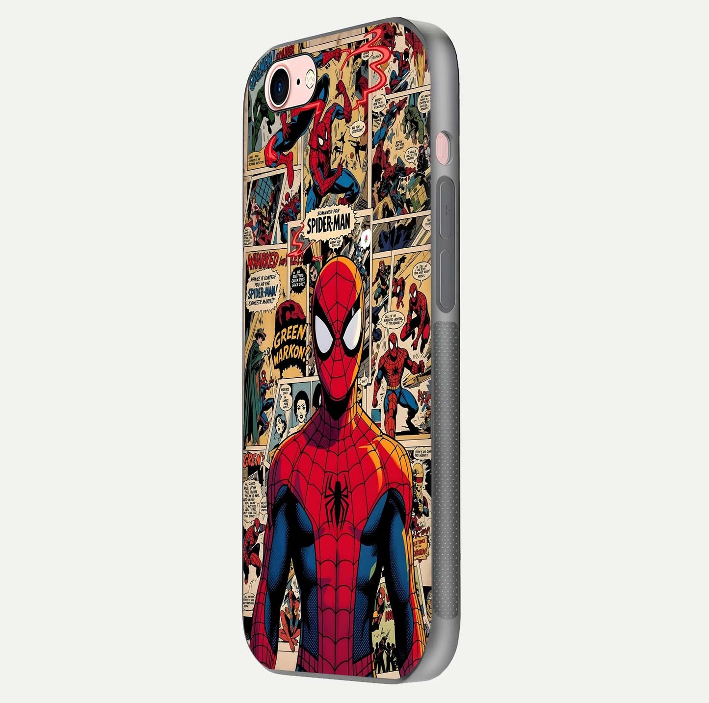 Aesthetic Spider Man Glass Case for iPhone 16 Pro side-angle image showing superhero comic print, camera module, and glossy finish reflection