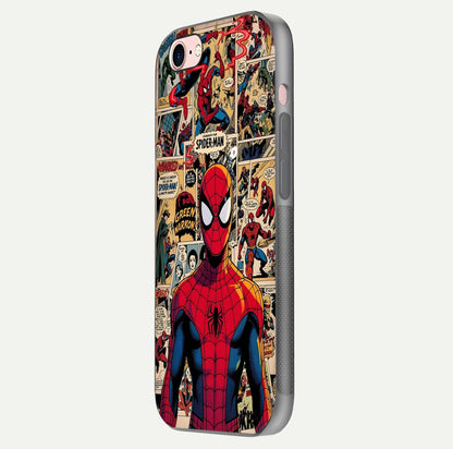 Aesthetic Spider Man Glass Case for iPhone 16 Pro side-angle image showing superhero comic print, camera module, and glossy finish reflection