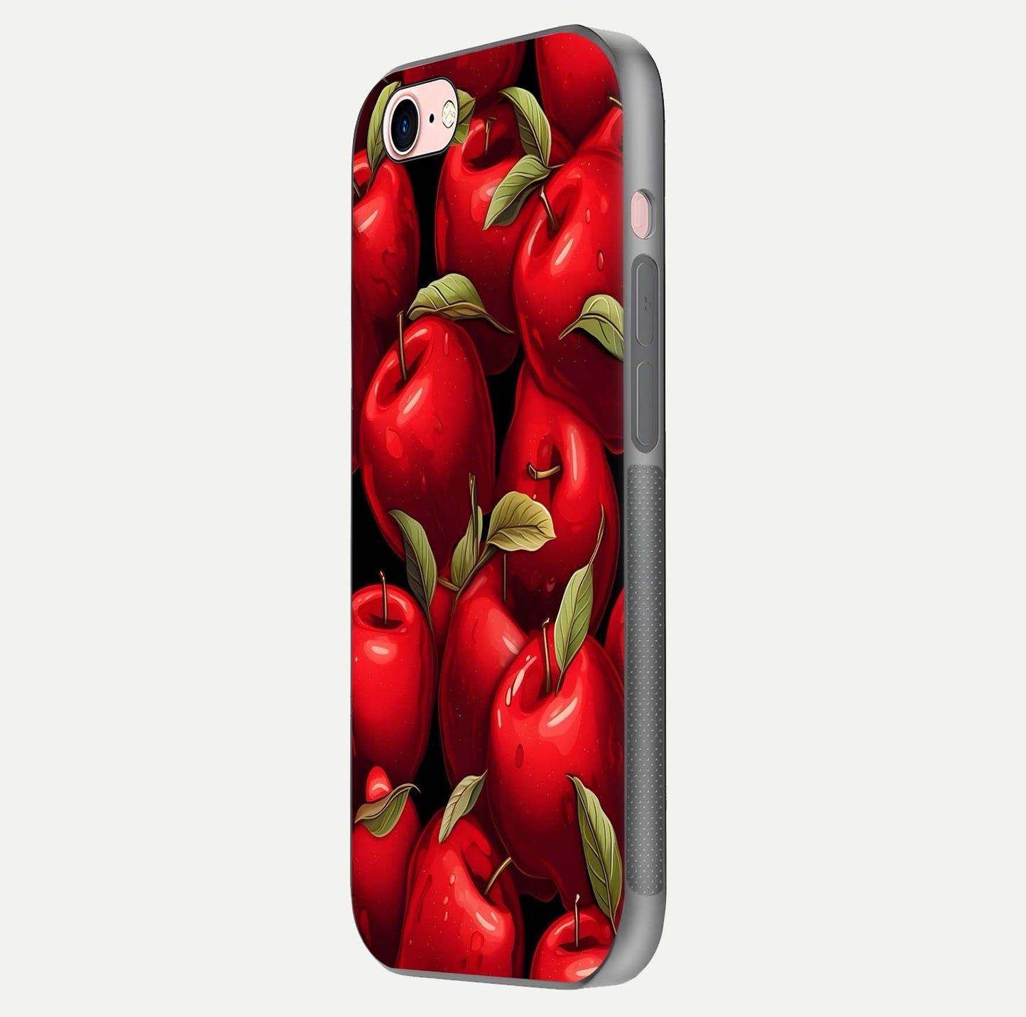 Apple Pattern Glass Case for iPhone 16 Pro side-angle image showcasing minimalist apple print and gloss reflection