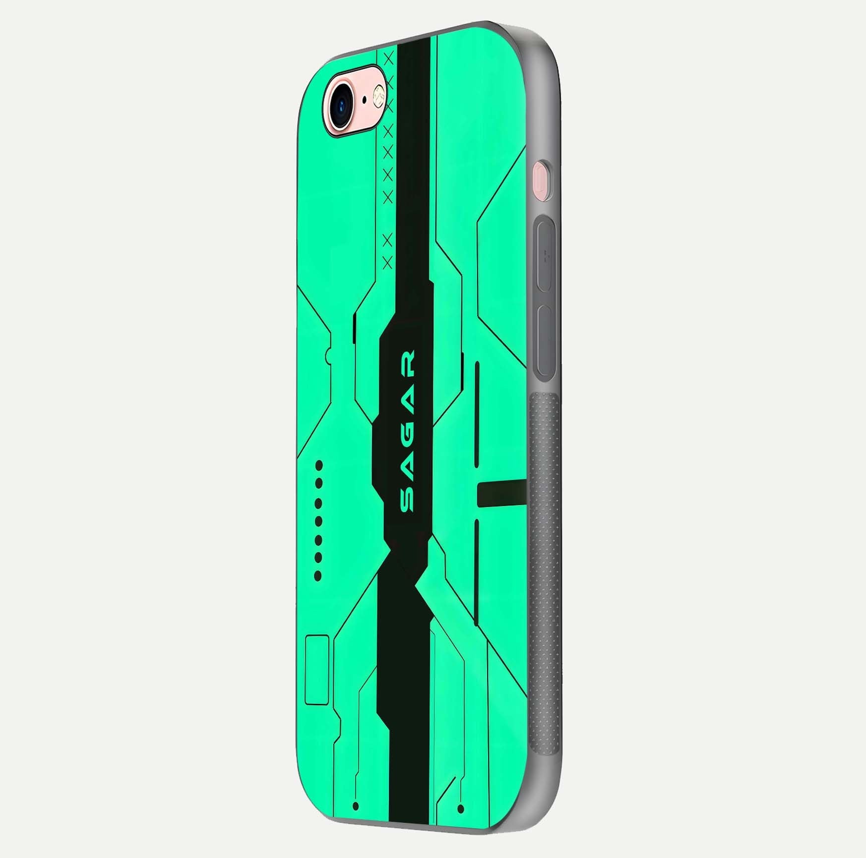 Aqua Tech CYBERPUNK Custom Name Glass Case for iPhone 16 Pro side-angle image with glowing edges and glossy surface