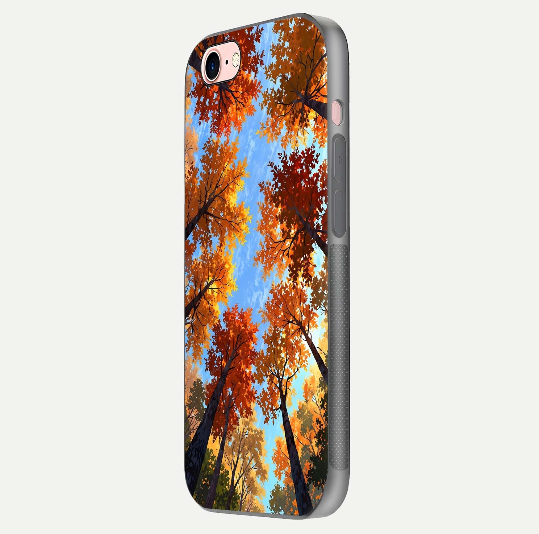 Autumn Sky Rise Glass Case for iPhone 16 Pro side-angle showing autumn art tones and protective corners