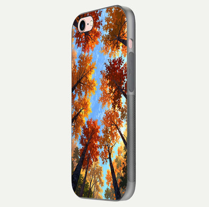 Autumn Sky Rise Glass Case for iPhone 16 Pro side-angle showing autumn art tones and protective corners