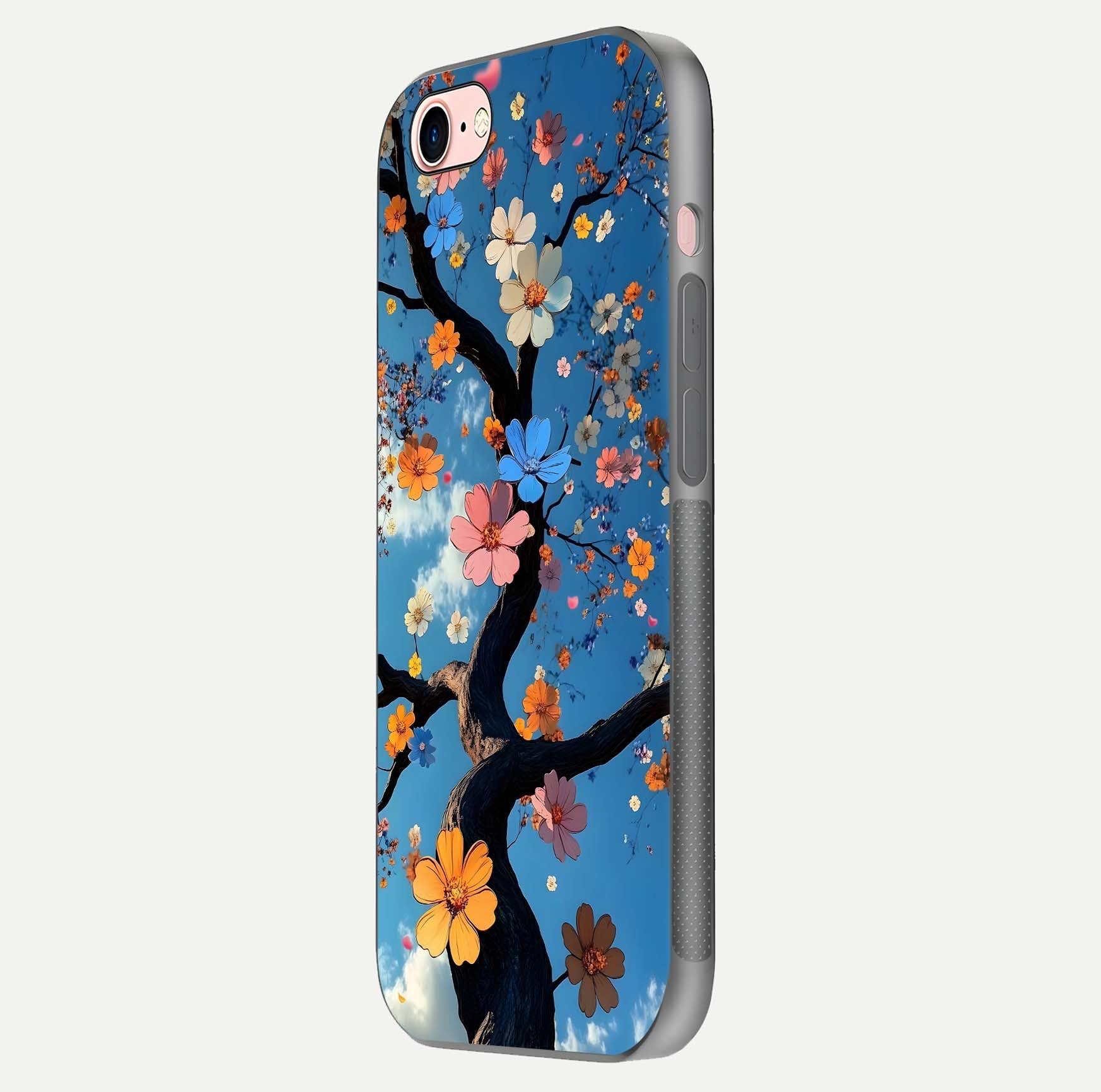 Blossom Dream Sky Glass Case for iPhone 16 Pro side-angle photo showing flower details, edge curve, and reflection shine