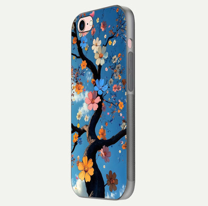 Blossom Dream Sky Glass Case for iPhone 16 Pro side-angle photo showing flower details, edge curve, and reflection shine