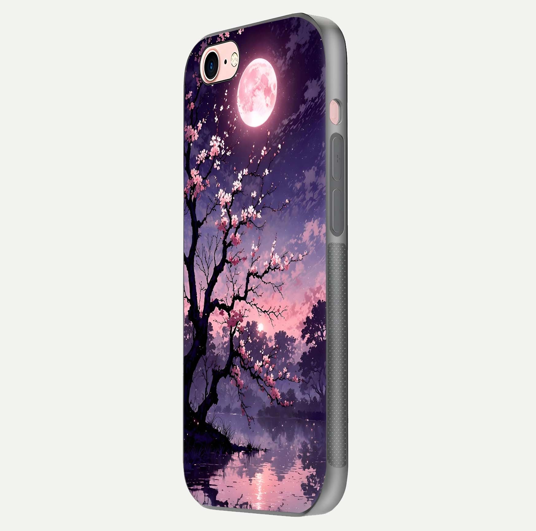 Blossom Pink Moon Glass Case for iPhone 16 Pro side-angle image showing glossy curve and floral-moon balance