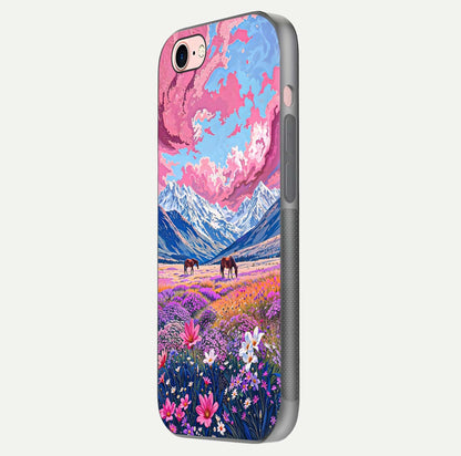 Blossom Valley Dream Glass Case for iPhone 16 Pro side-angle shot showcasing bloom tones and gloss texture