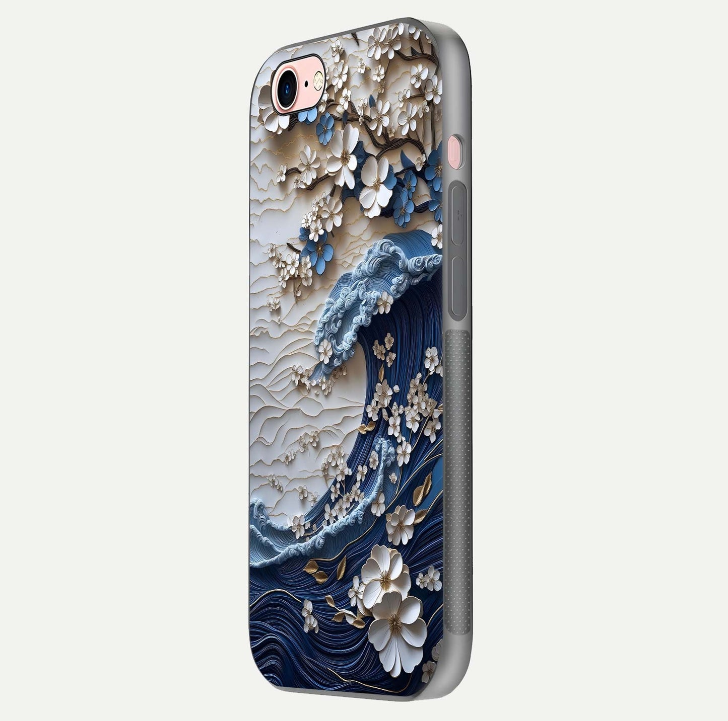 Blossom Wave Art Glass Case for iPhone 16 Pro side-angle view showing wave-flow print and gloss edge finish