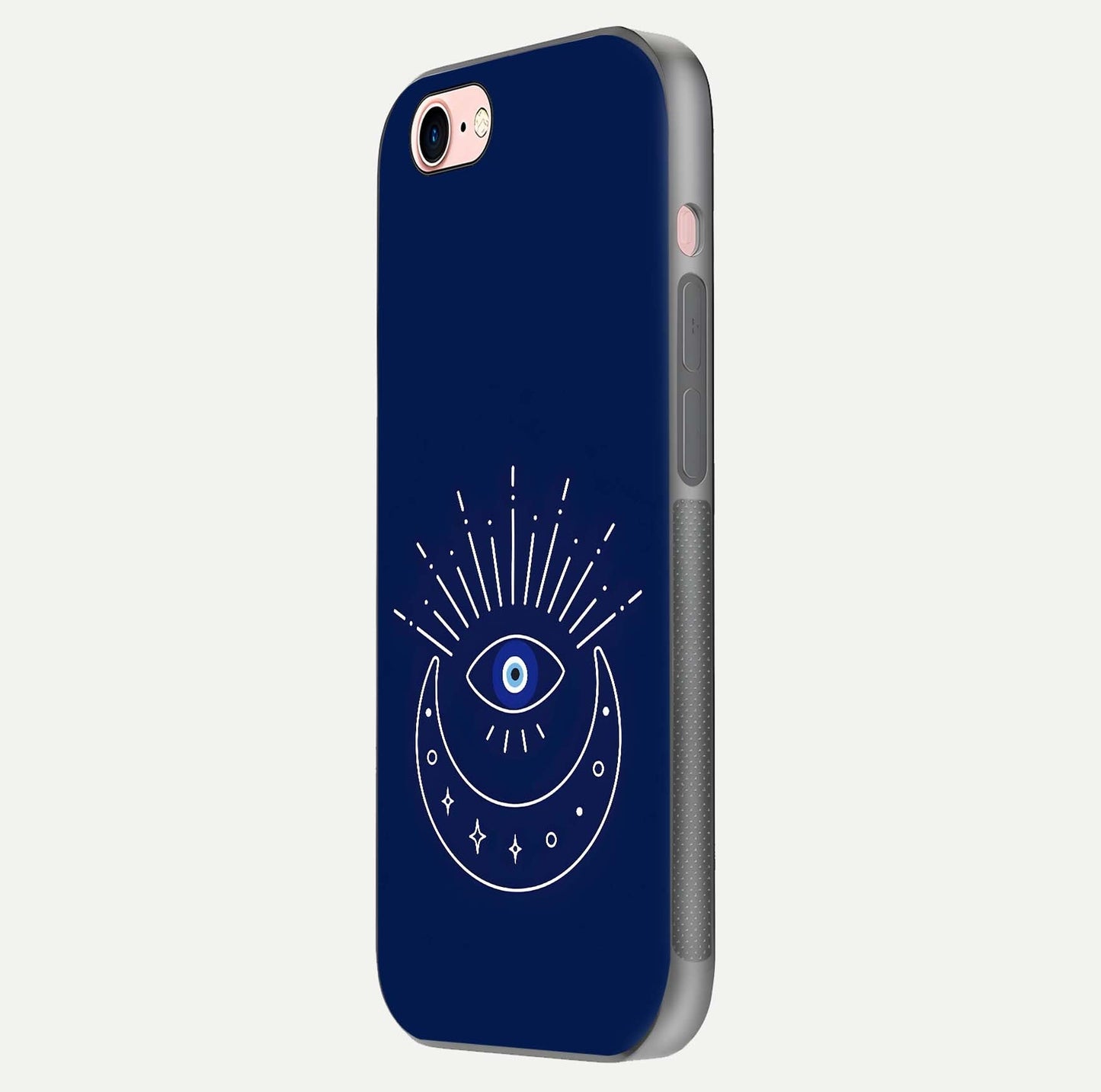 Blue Evil Eye Glass Case for iPhone 16 Pro side-angle view showing edge glow, color balance, and reflective surface