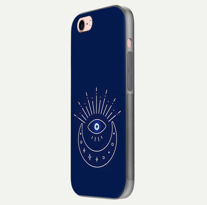 Blue Evil Eye Glass Case for iPhone 16 Pro side-angle view showing edge glow, color balance, and reflective surface
