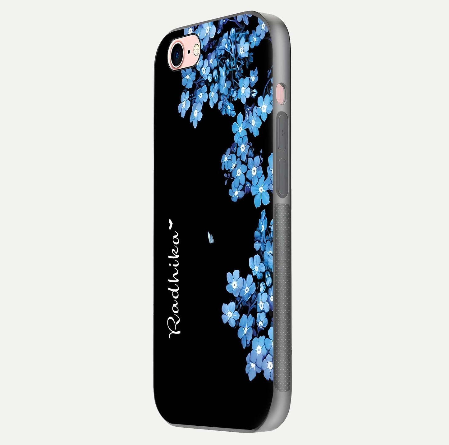 Blue Petal Dream Custom Name Glass Case for iPhone 16 Pro side-angle image showing name print clarity and smooth gloss