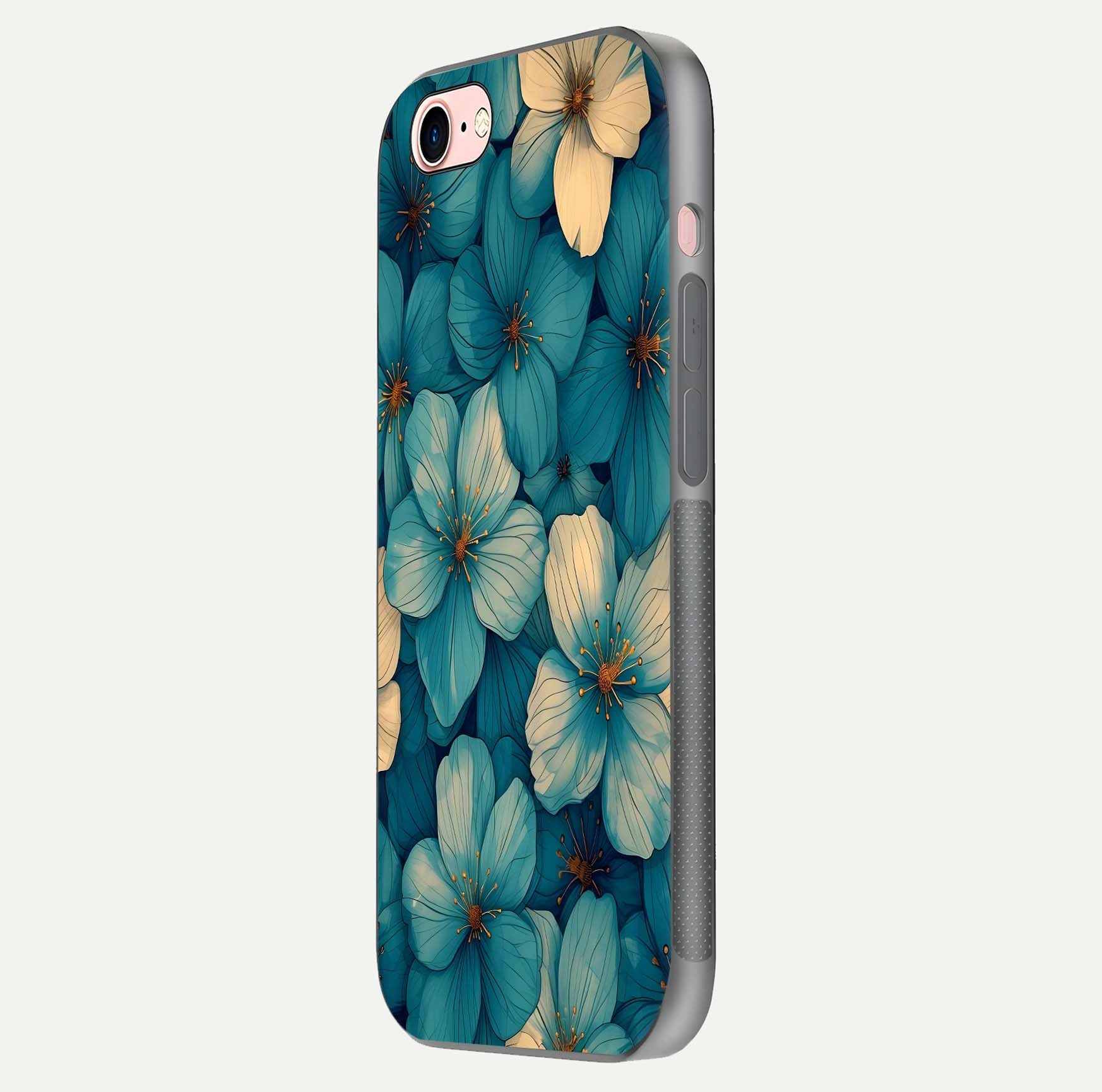 Blue Shade Floral Glass Case for iPhone 16 Pro side-angle photo showing detailed floral hues and curved glass shine
