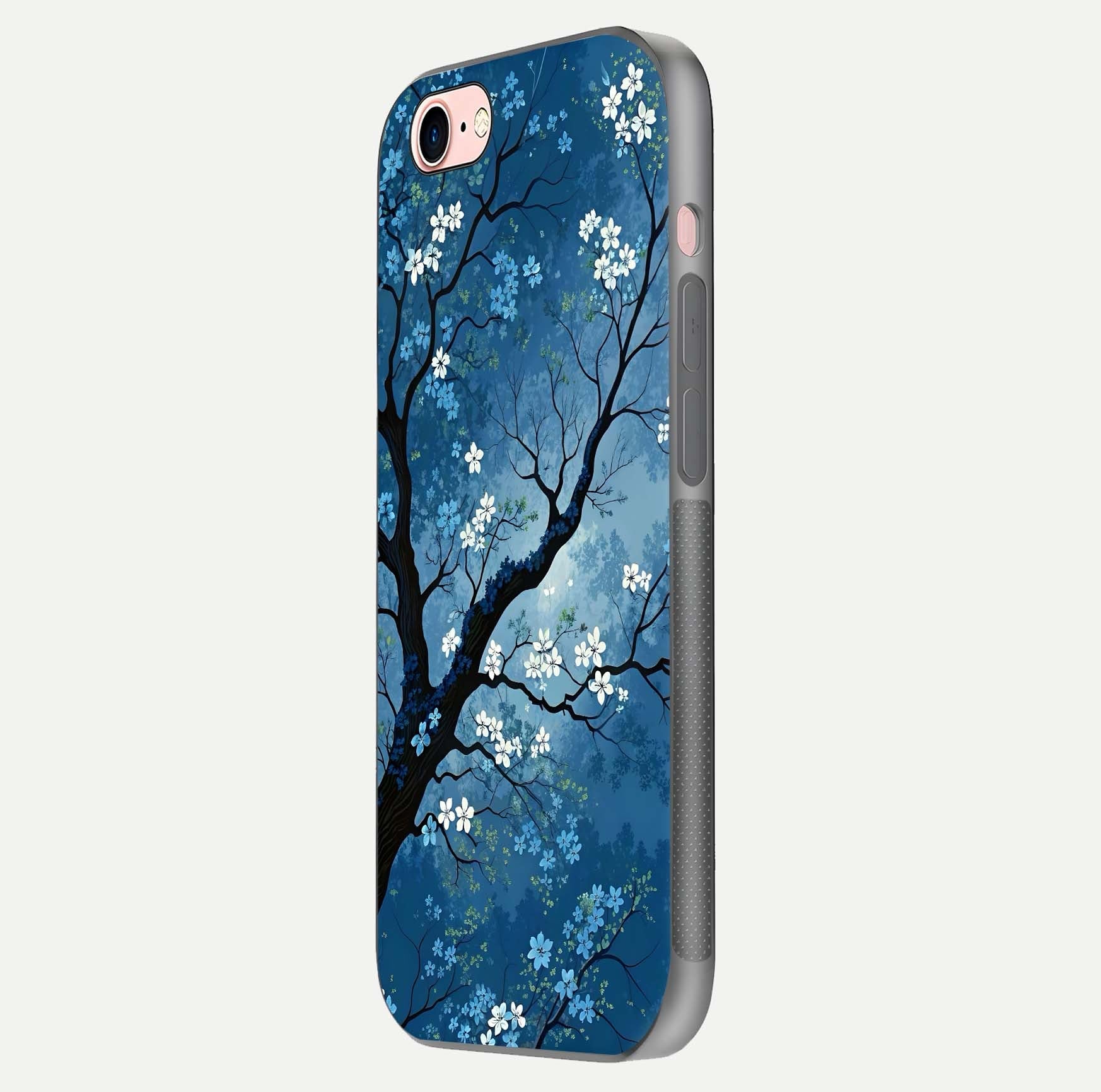 Blue Tree Serenity Glass Case for iPhone 16 Pro side-angle shot showing glossy edge and tree pattern reflection