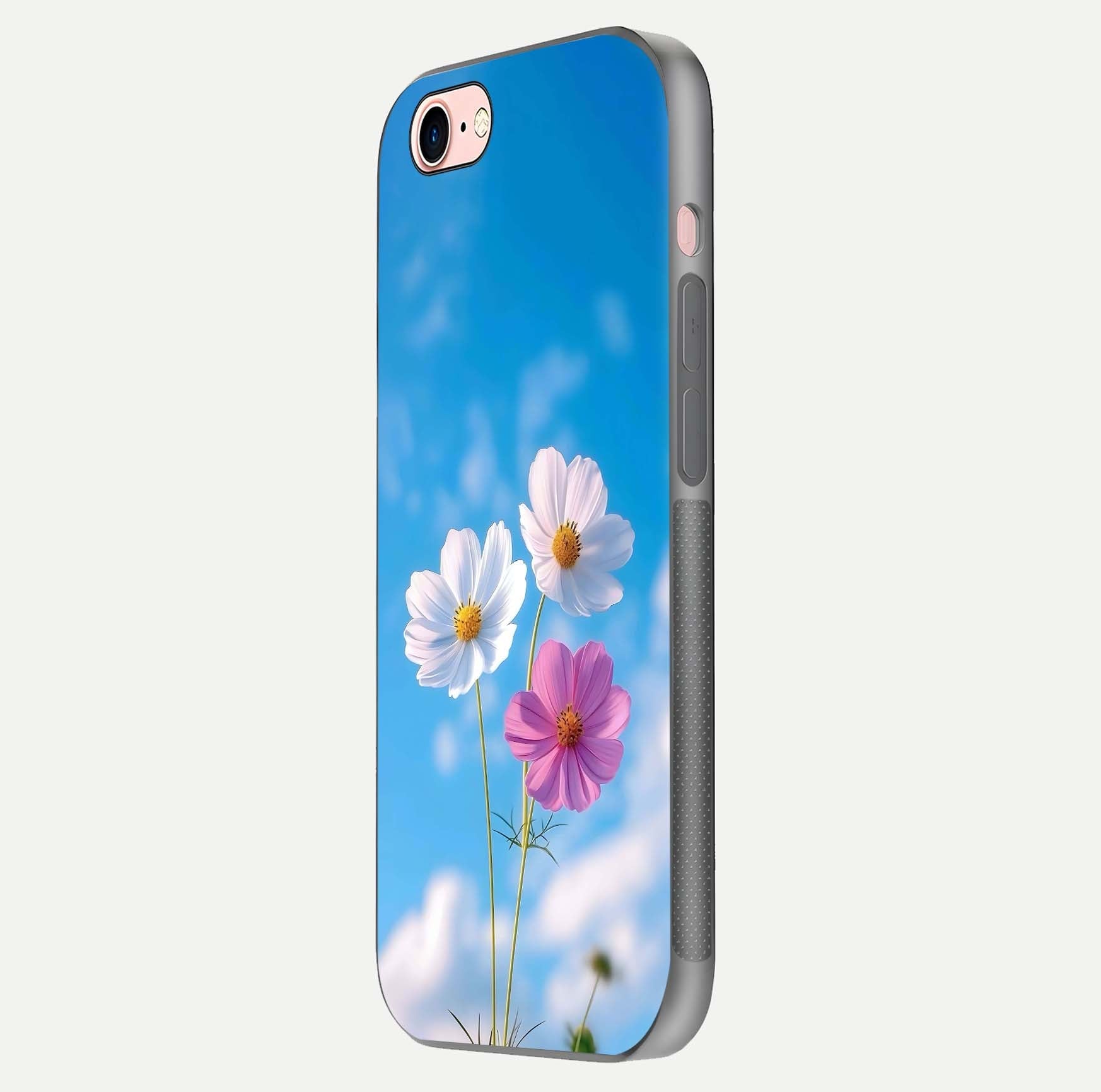 Triple Flowers With Sky Glass Case for iPhone 16 Pro side-angle image showing gloss, texture, and floral design