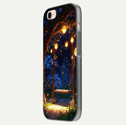 Twilight Garden Swing Glass Case for iPhone 16 Pro side-angle image showing reflection, gloss, and scenic depth