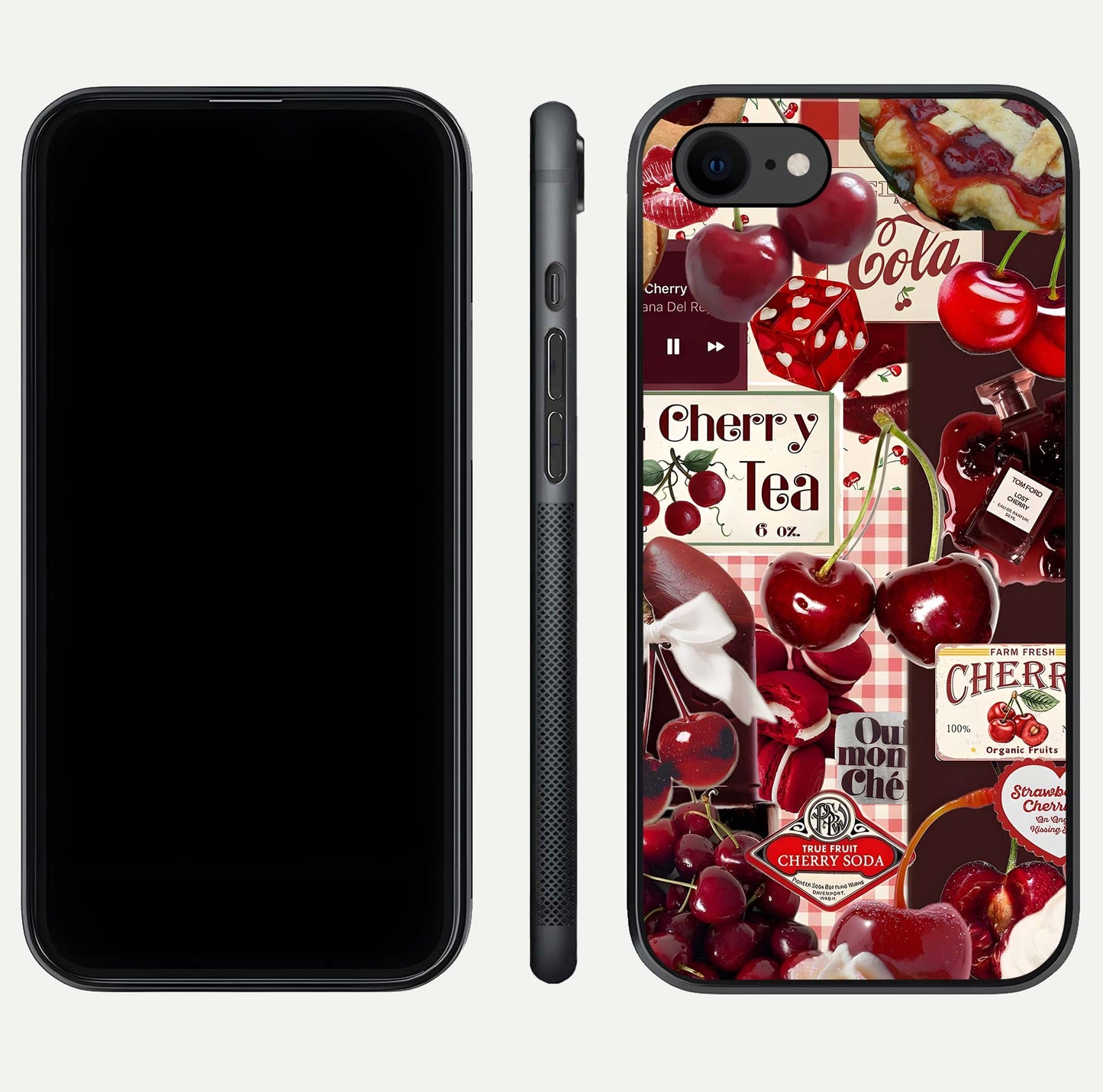 Aesthetic Cherry Tea Glass Case for iPhone 16 Pro front and back view layout showing black front display and artistic cherry-themed glass back