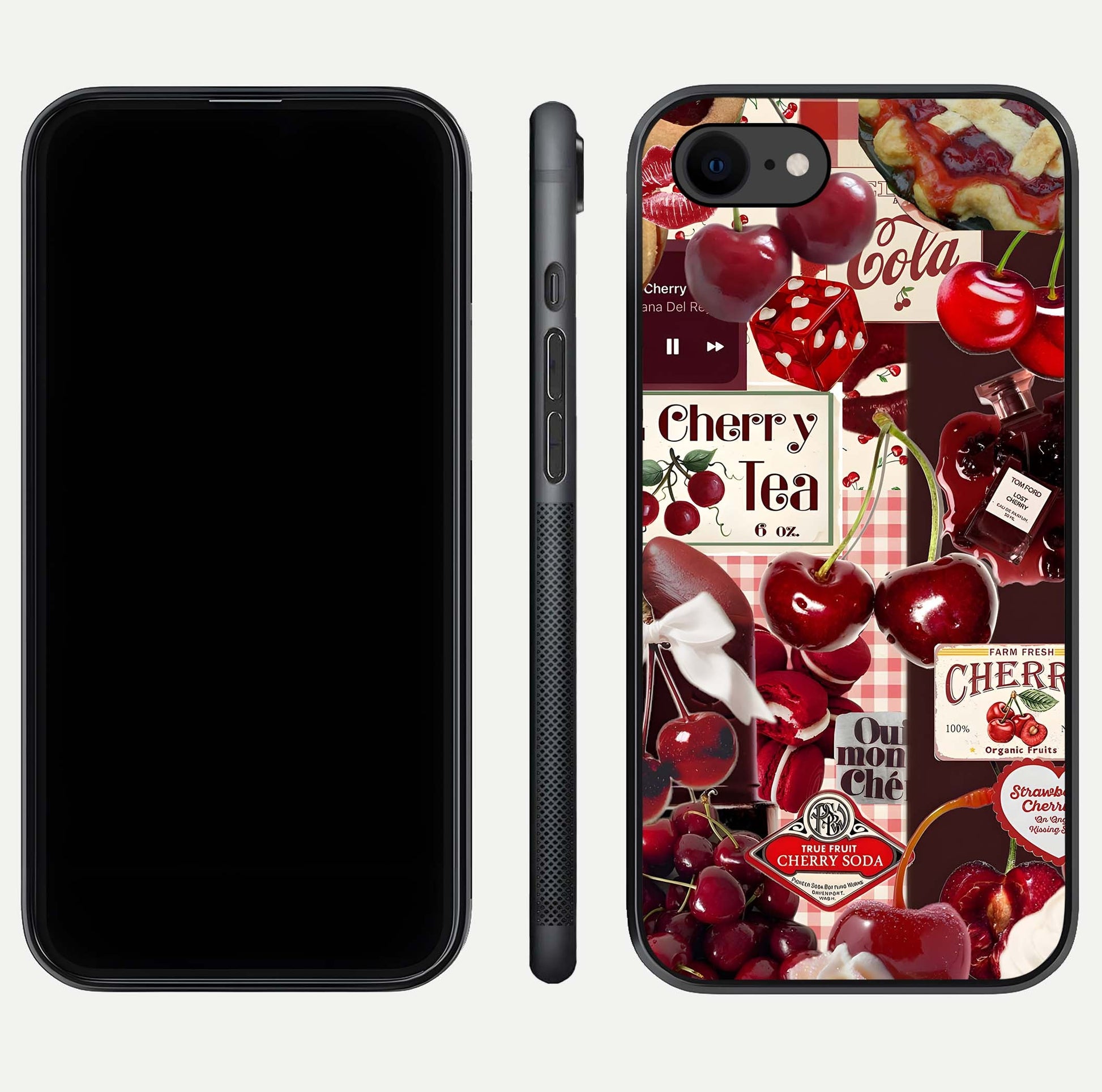 Aesthetic Cherry Tea Glass Case for iPhone 16 Pro front and back view layout showing black front display and artistic cherry-themed glass back