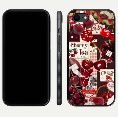 Aesthetic Cherry Tea Glass Case for iPhone 16 Pro front and back view layout showing black front display and artistic cherry-themed glass back