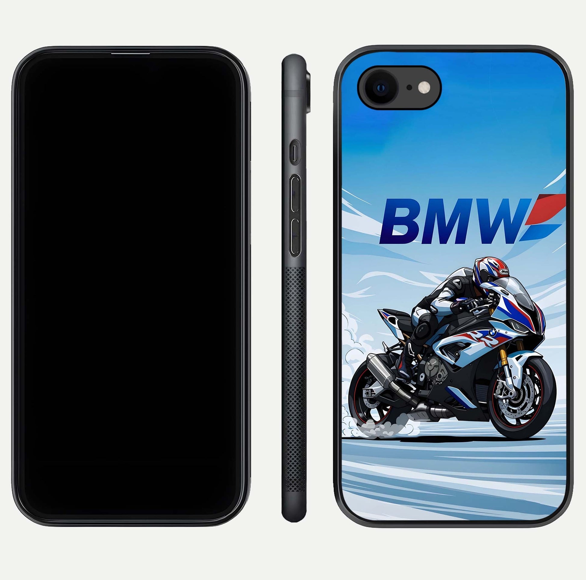 BMW Power Drift Glass Case for iPhone 7 dual-view layout showing energy pattern and edge clarity