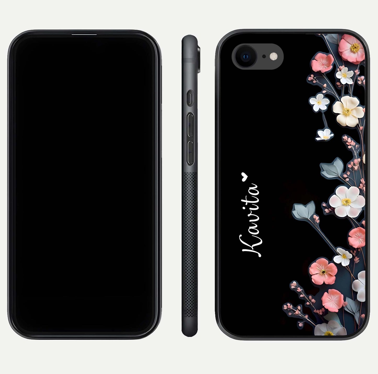 Black Elegance Floral Custom Name Glass Case for iPhone 7 dual-view layout displaying name placement and gloss finish