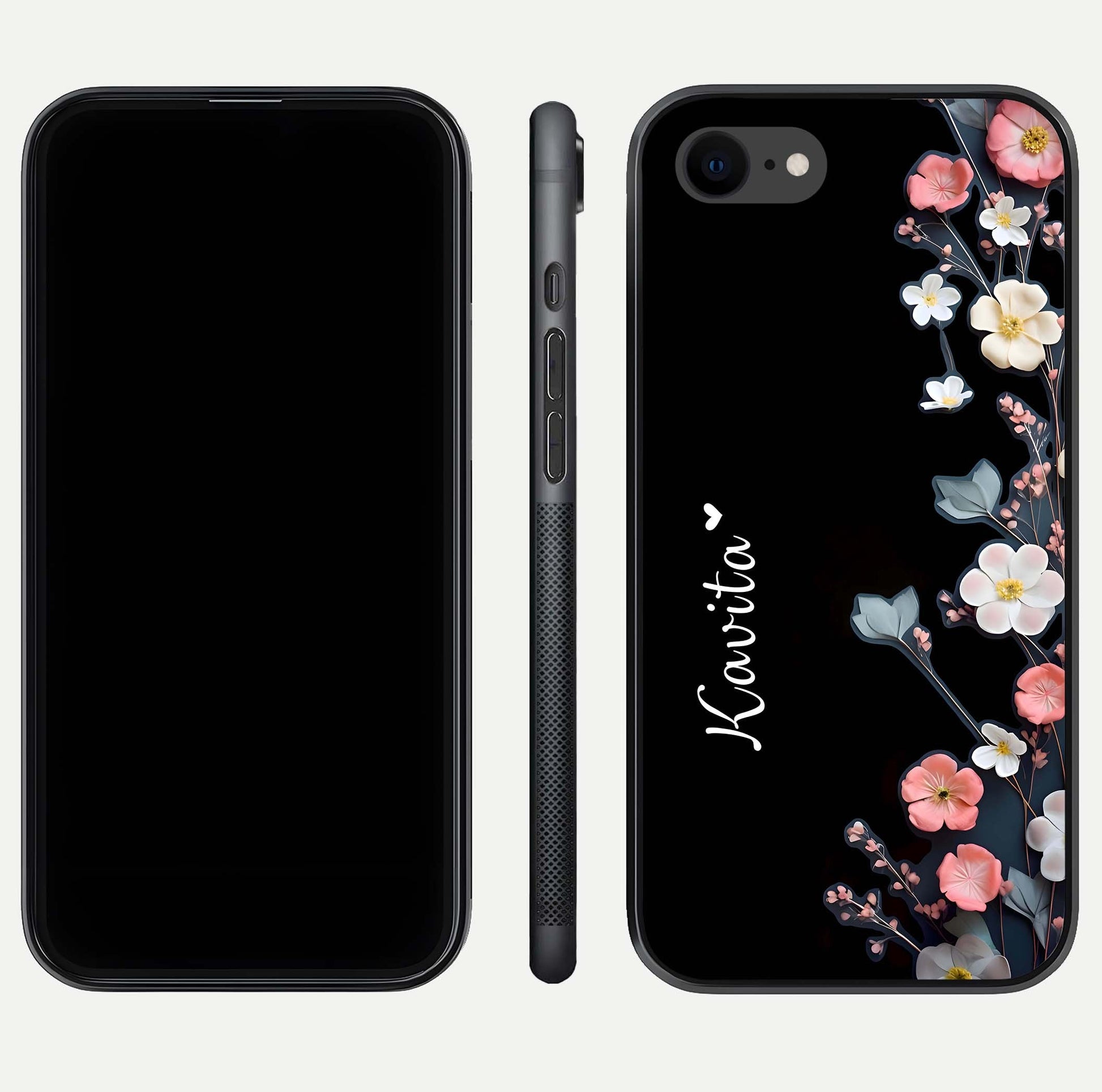 Black Elegance Floral Custom Name Glass Case for iPhone 7 dual-view layout displaying name placement and gloss finish