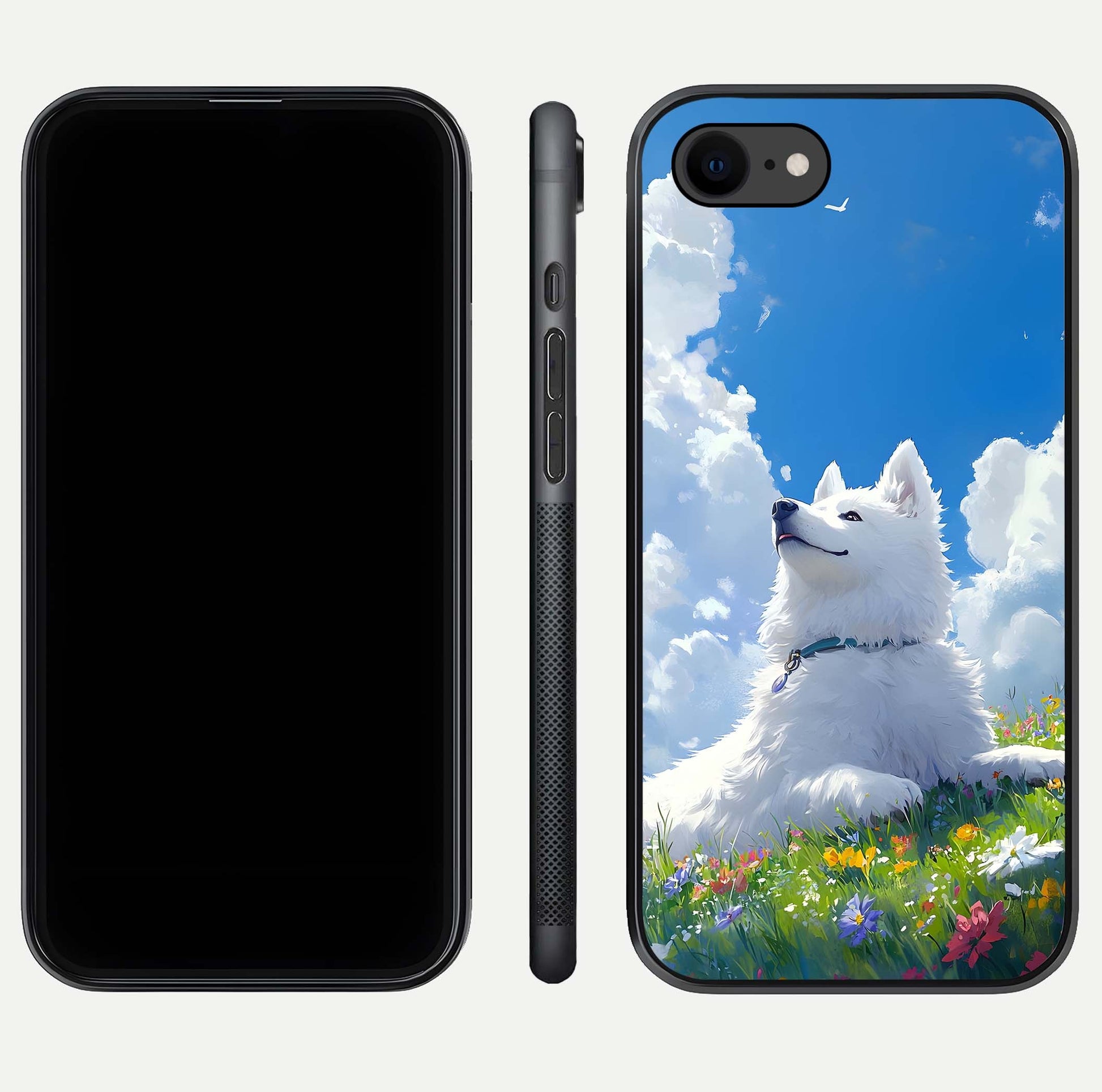 Blissful Cloud Pup Glass Case for iPhone 7 front-and-back layout showing art alignment and edge design
