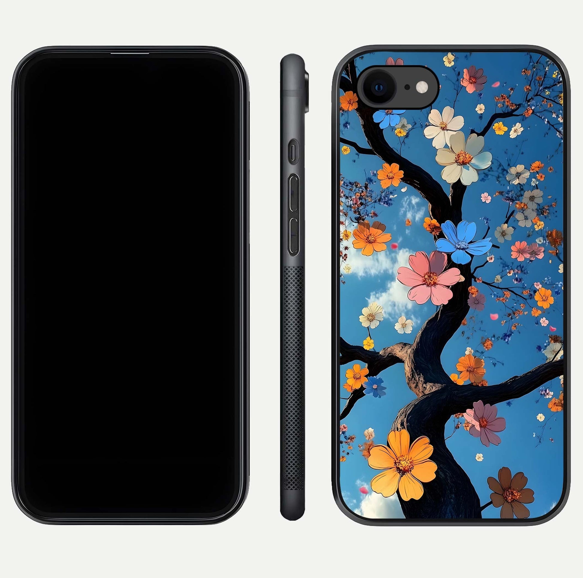 Blossom Dream Sky Glass Case for iPhone 7 front-and-back layout showing floral print and premium edge gloss