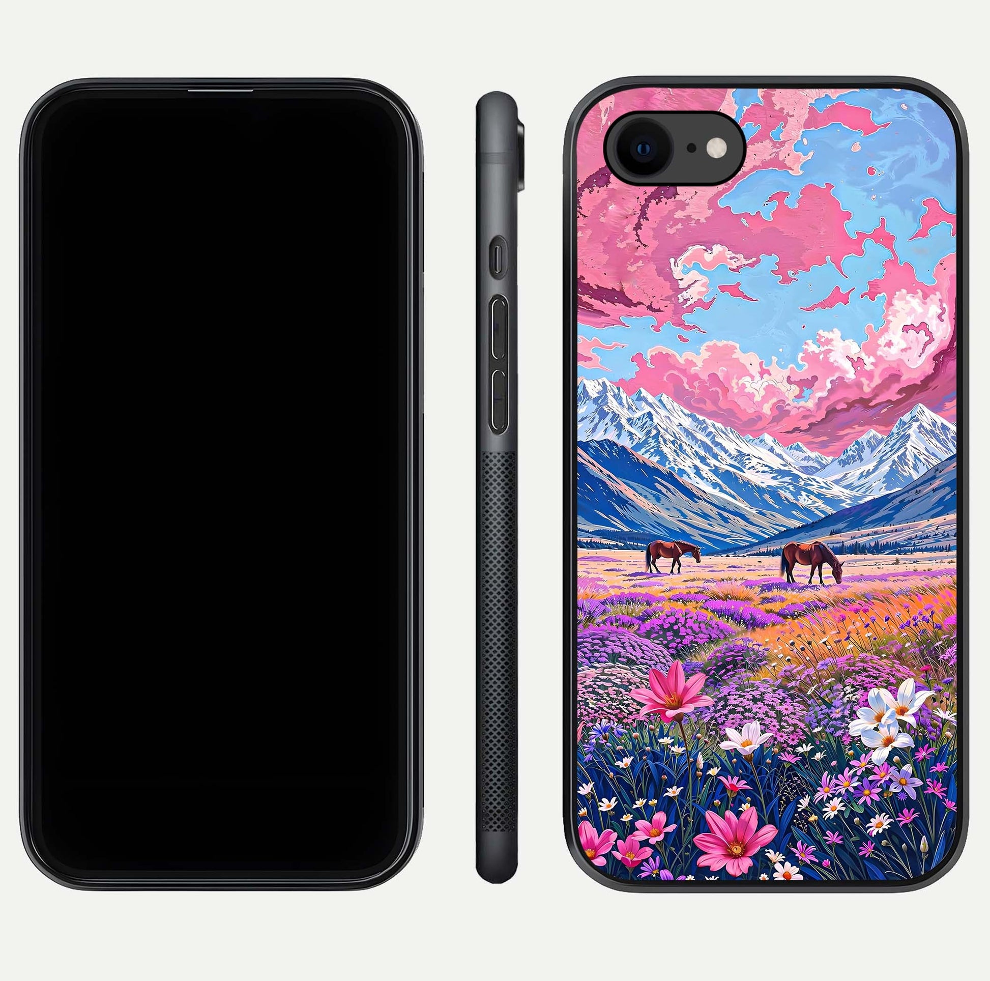 Blossom Valley Dream Glass Case for iPhone 7 front-and-back layout highlighting glossy reflection and edge cut