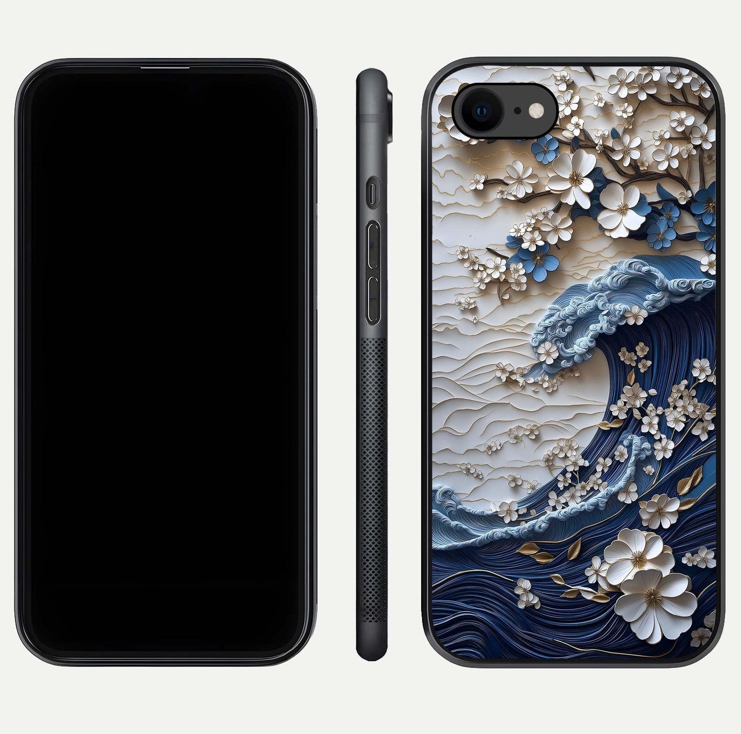 Blossom Wave Art Glass Case for iPhone 7 front-and-back layout showing curved design and glass clarity