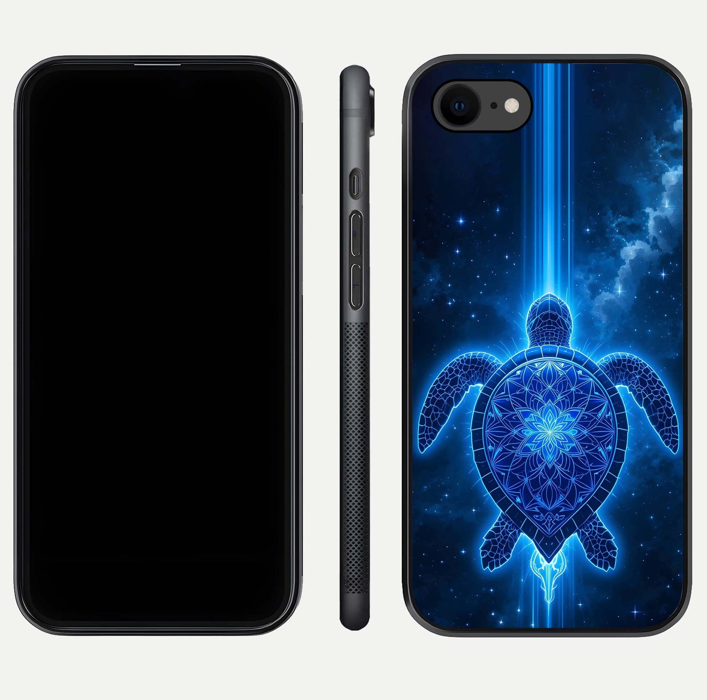 Blue Galaxy Turtle Glass Case for iPhone 7 front-and-back layout highlighting cosmic art and reflective glass