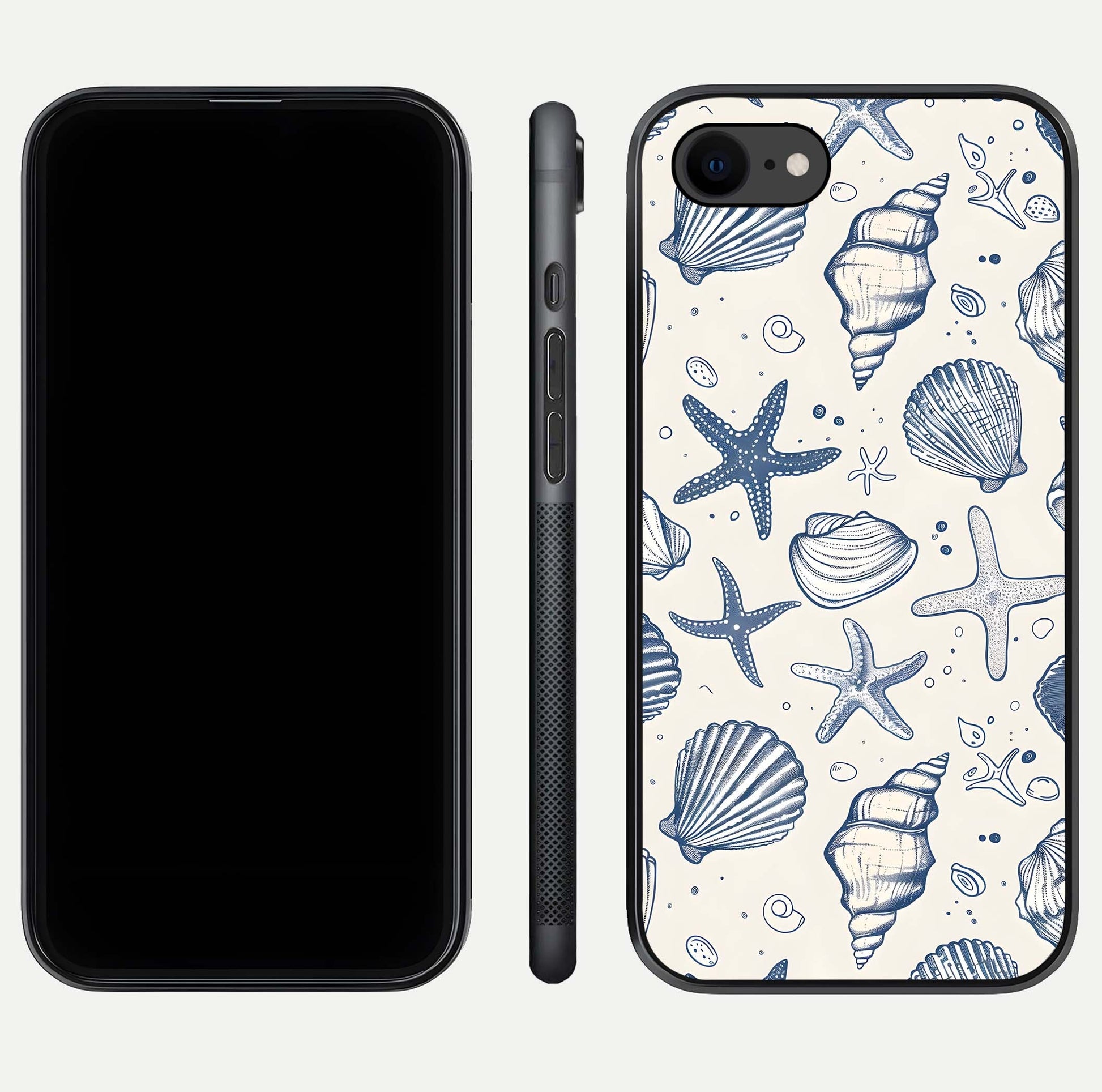 Blue Ocean Outline Glass Case for iPhone 7 front-and-back layout showing minimal wave design and HD gloss