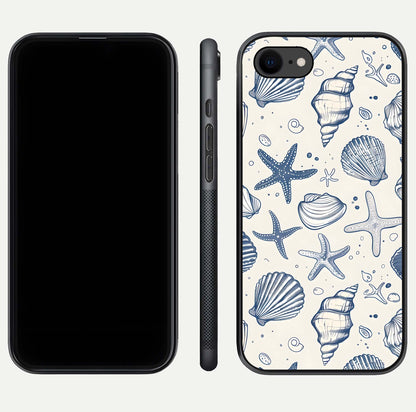 Blue Ocean Outline Glass Case for iPhone 7 front-and-back layout showing minimal wave design and HD gloss