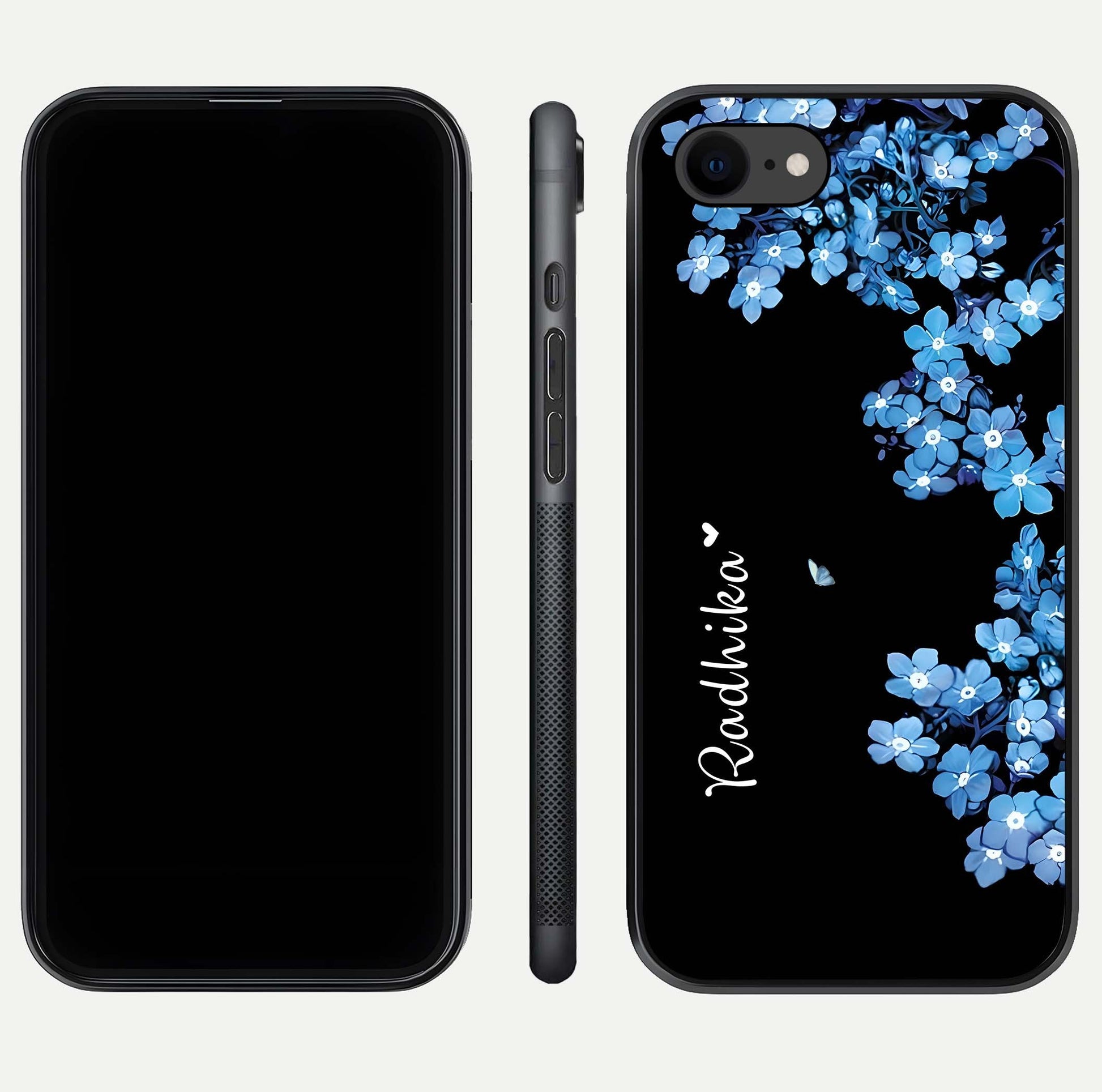 Blue Petal Dream Custom Name Glass Case for iPhone 7 dual-view layout showing text placement and premium finish