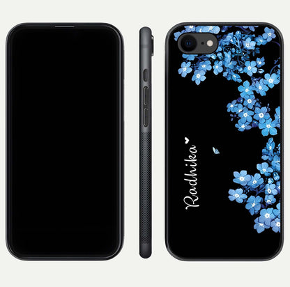 Blue Petal Dream Custom Name Glass Case for iPhone 7 dual-view layout showing text placement and premium finish